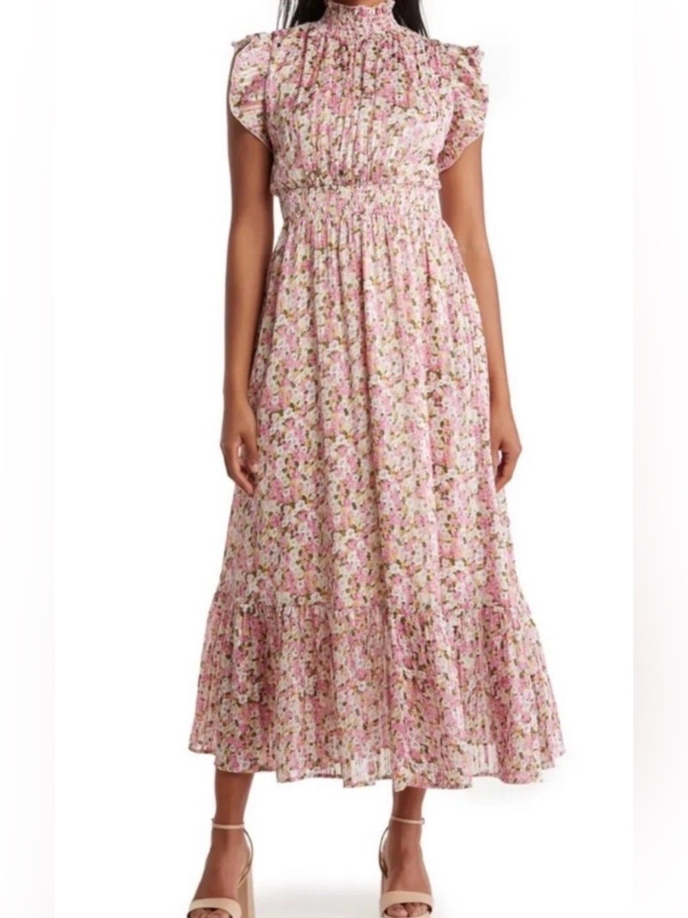 Melloday Pink Smocked Floral Dress Size Medium